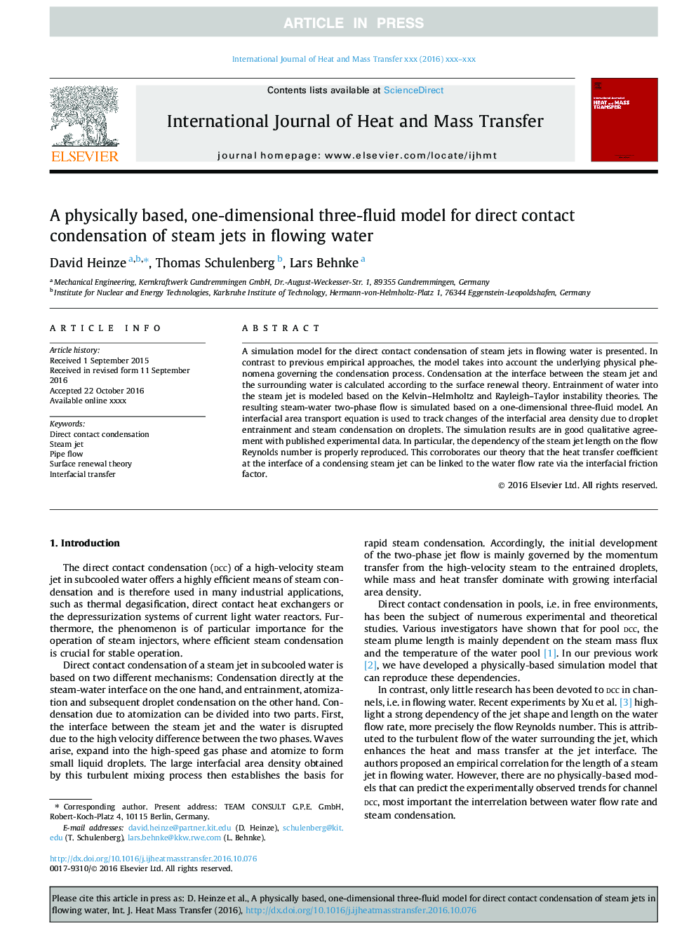 A physically based, one-dimensional three-fluid model for direct contact condensation of steam jets in flowing water