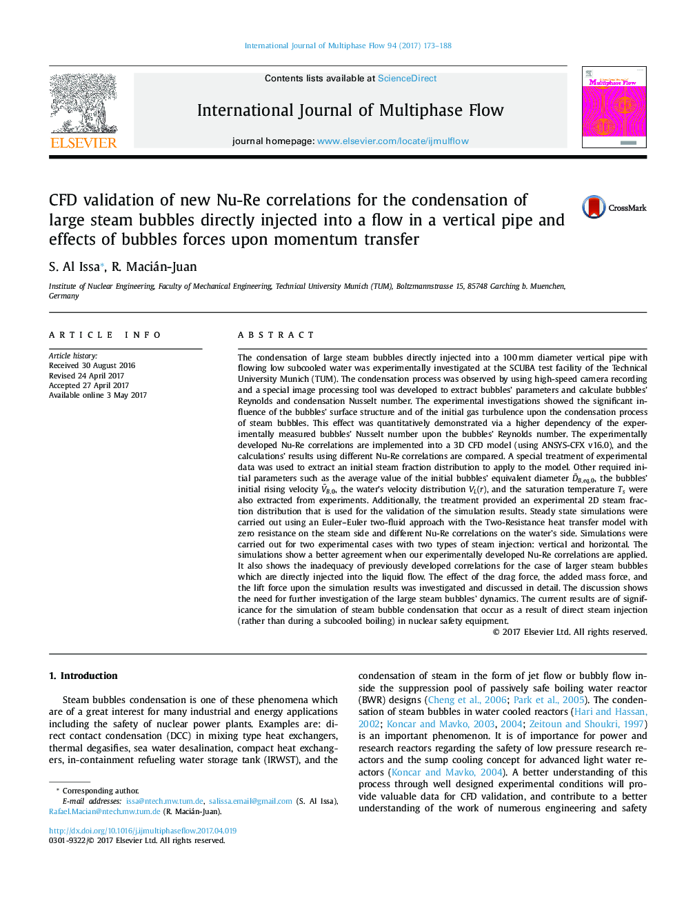 CFD validation of new Nu-Re correlations for the condensation of large steam bubbles directly injected into a flow in a vertical pipe and effects of bubbles forces upon momentum transfer