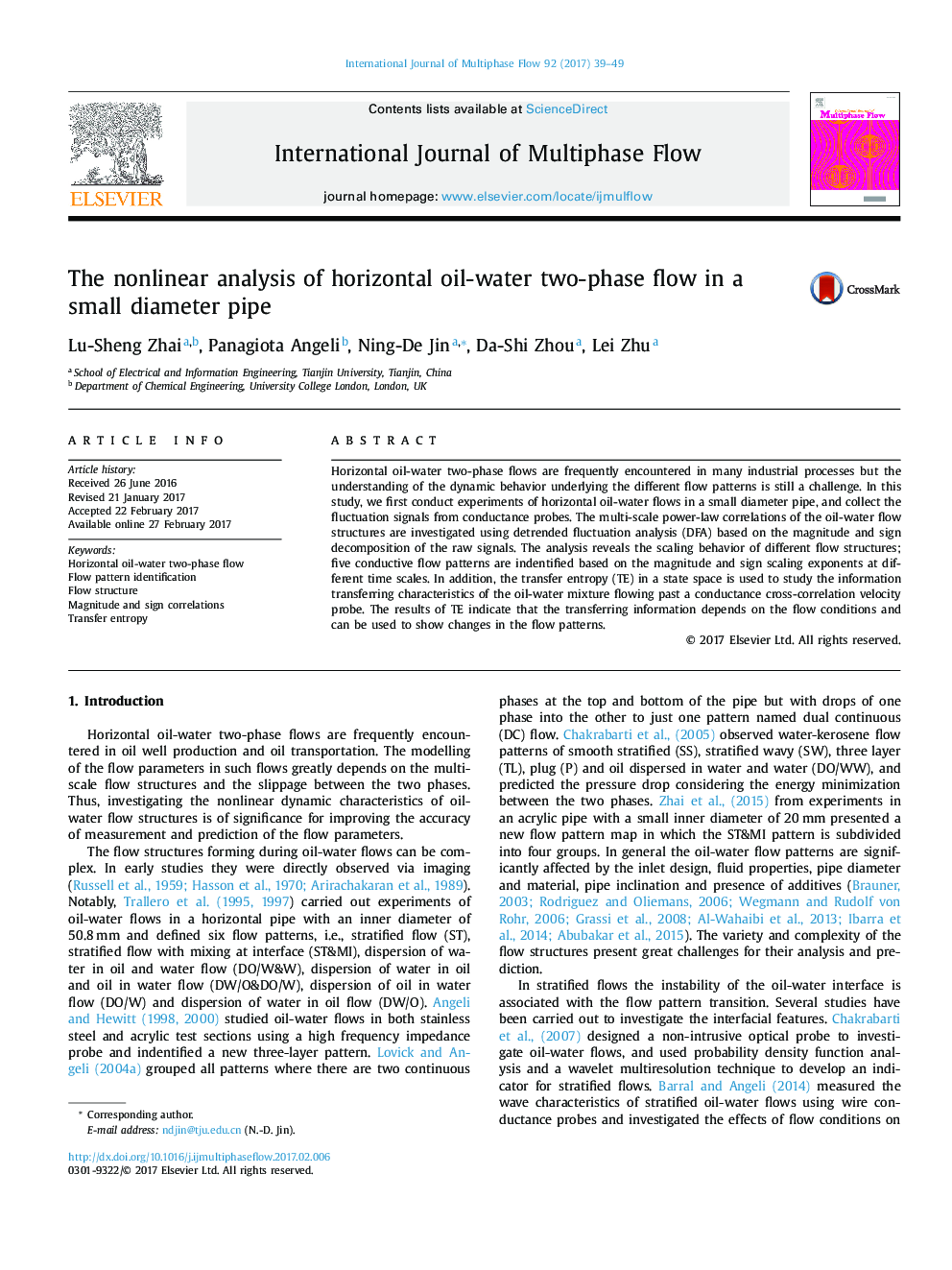 The nonlinear analysis of horizontal oil-water two-phase flow in a small diameter pipe