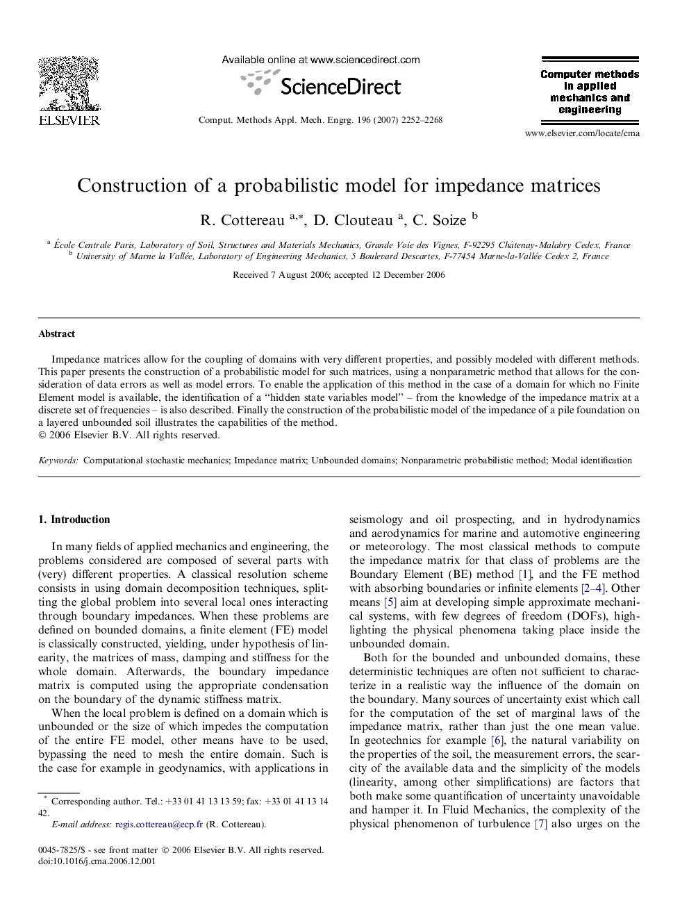 Construction of a probabilistic model for impedance matrices