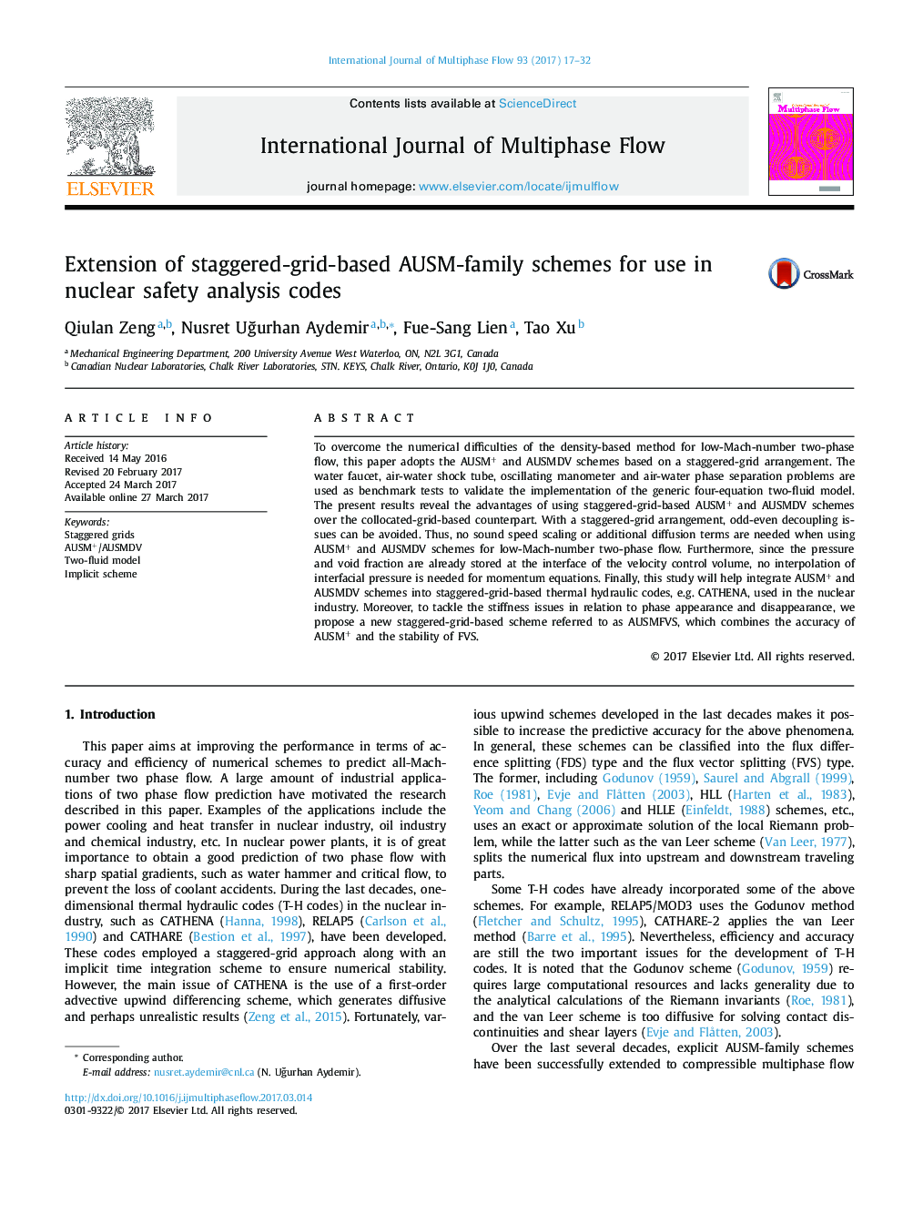 Extension of staggered-grid-based AUSM-family schemes for use in nuclear safety analysis codes