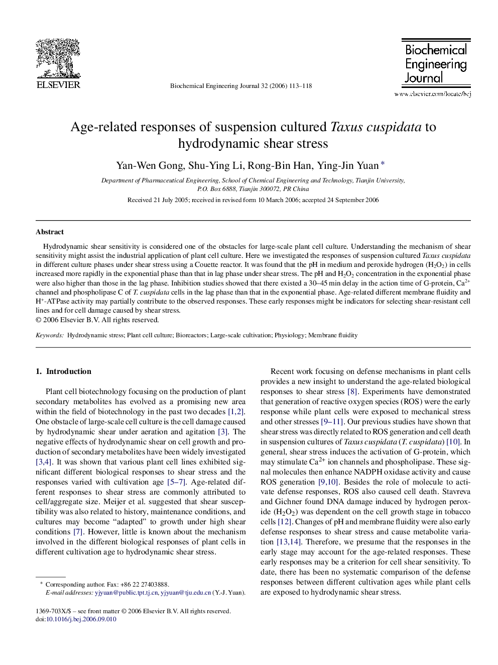 Age-related responses of suspension cultured Taxus cuspidata to hydrodynamic shear stress