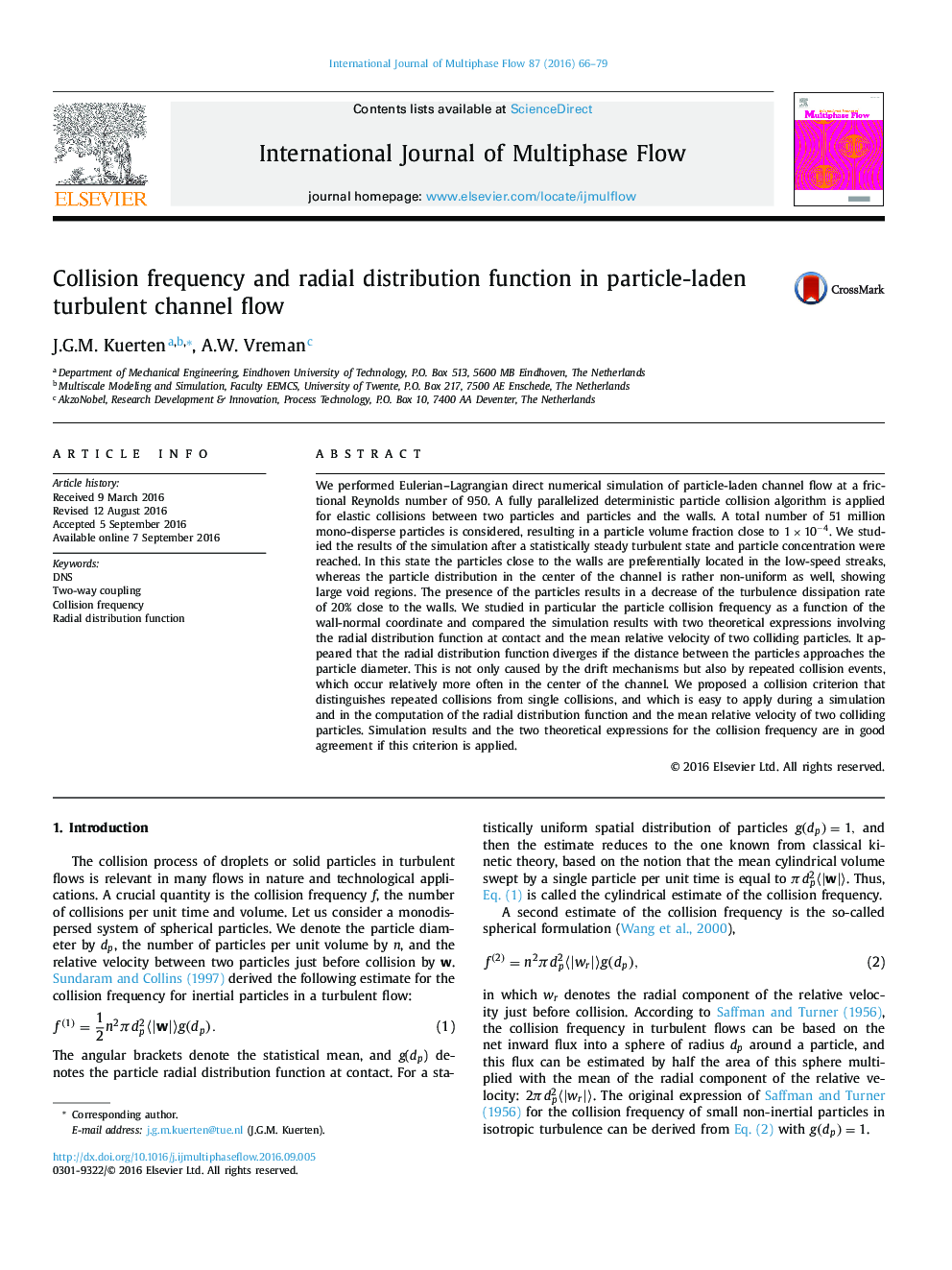 Collision frequency and radial distribution function in particle-laden turbulent channel flow