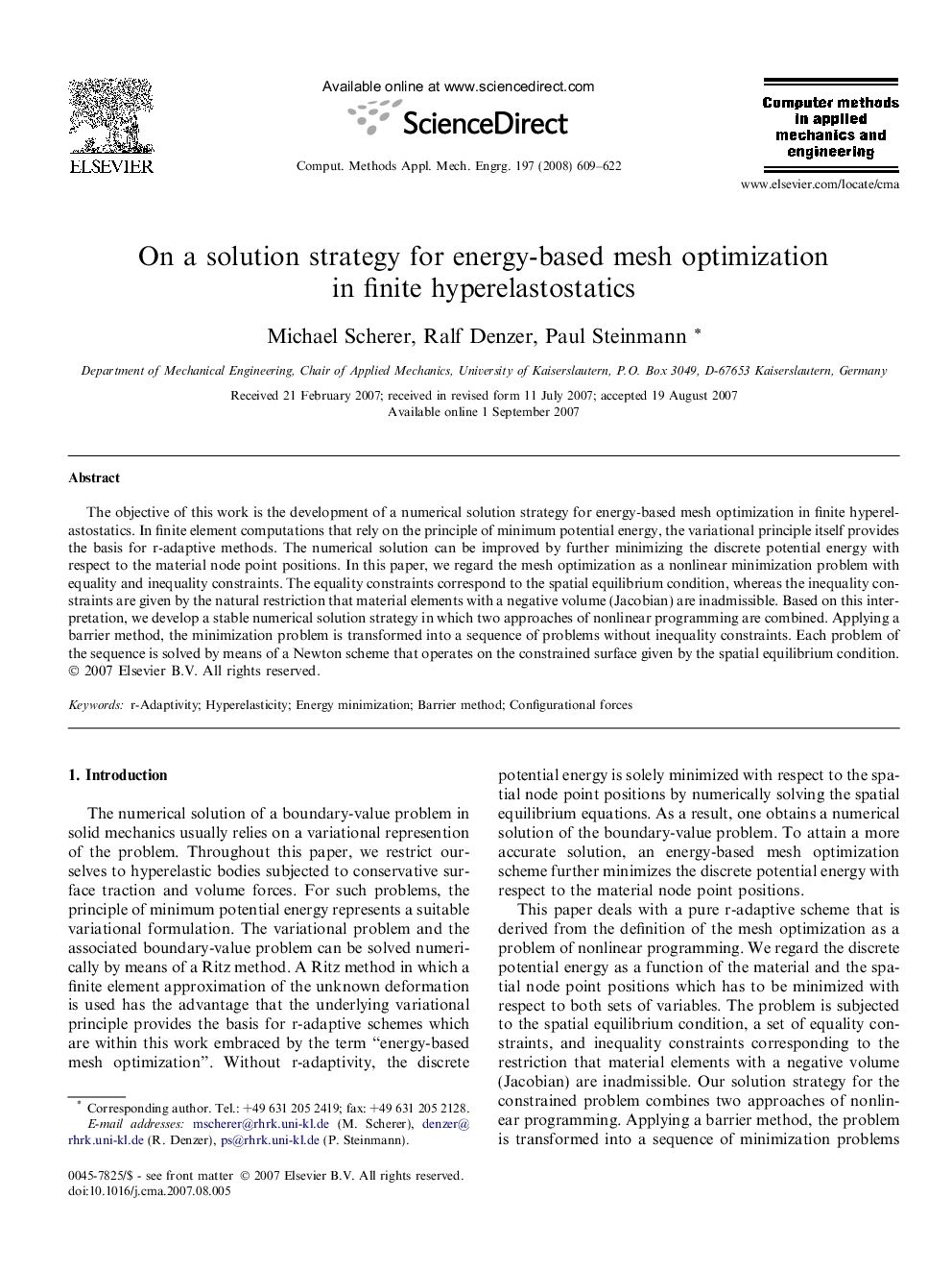 On a solution strategy for energy-based mesh optimization in finite hyperelastostatics