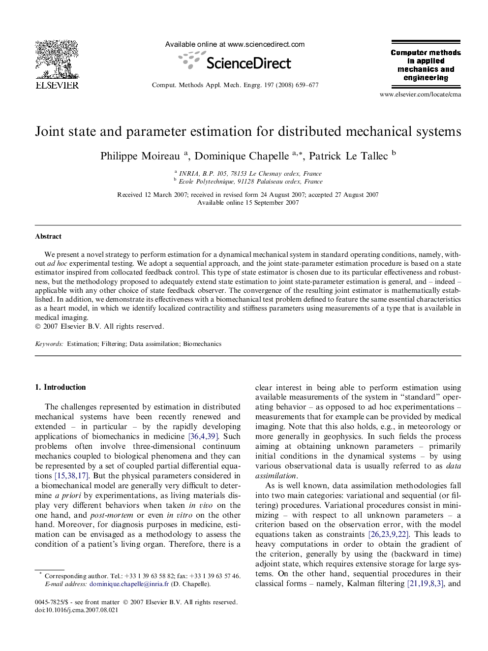 Joint state and parameter estimation for distributed mechanical systems