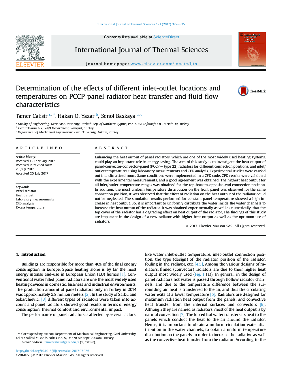 Determination of the effects of different inlet-outlet locations and temperatures on PCCP panel radiator heat transfer and fluid flow characteristics