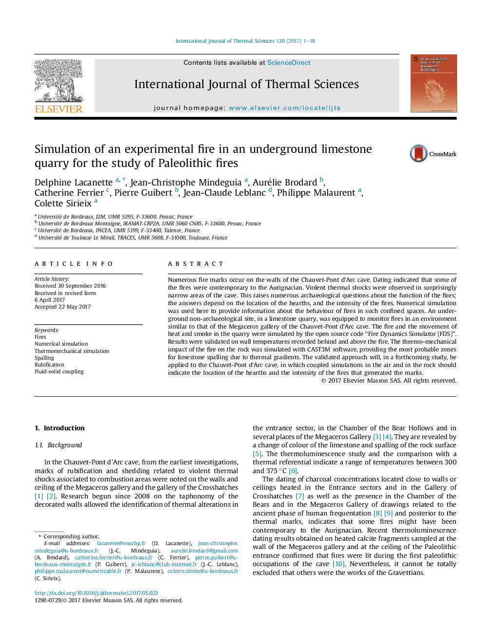 Simulation of an experimental fire in an underground limestone quarry for the study of Paleolithic fires