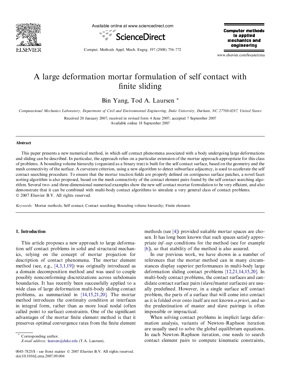 A large deformation mortar formulation of self contact with finite sliding
