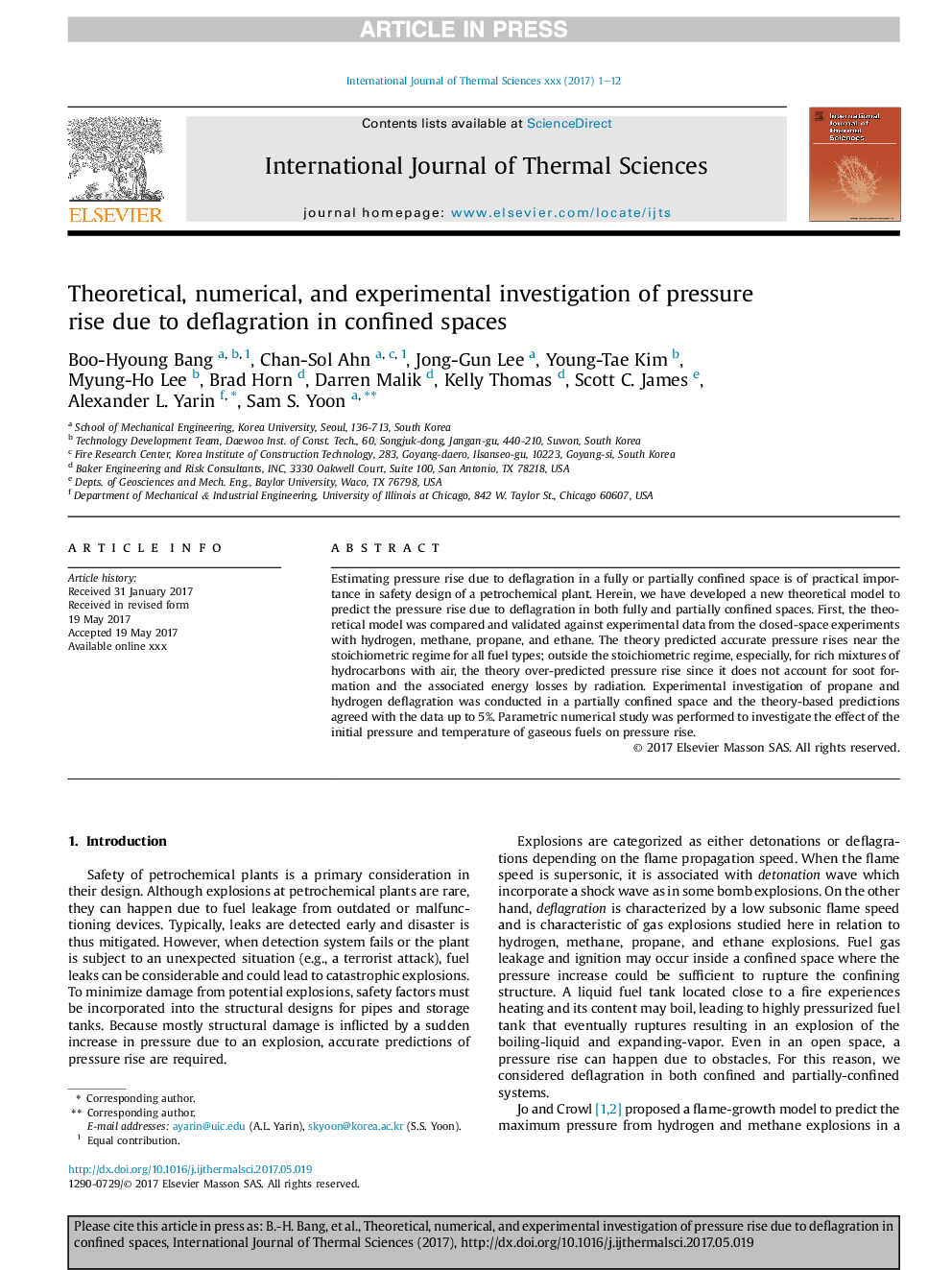 Theoretical, numerical, and experimental investigation of pressure rise due to deflagration in confined spaces