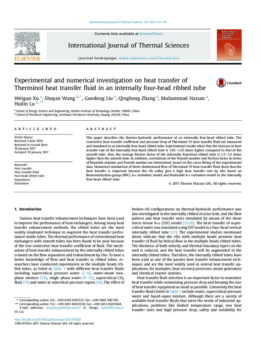 Experimental and numerical investigation on heat transfer of Therminol heat transfer fluid in an internally four-head ribbed tube