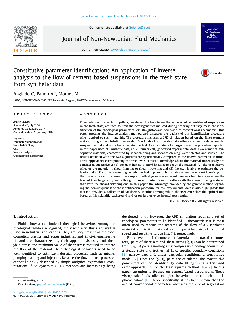 Constitutive parameter identification: An application of inverse analysis to the flow of cement-based suspensions in the fresh state from synthetic data