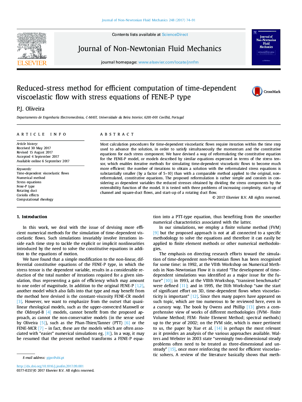 Reduced-stress method for efficient computation of time-dependent viscoelastic flow with stress equations of FENE-P type