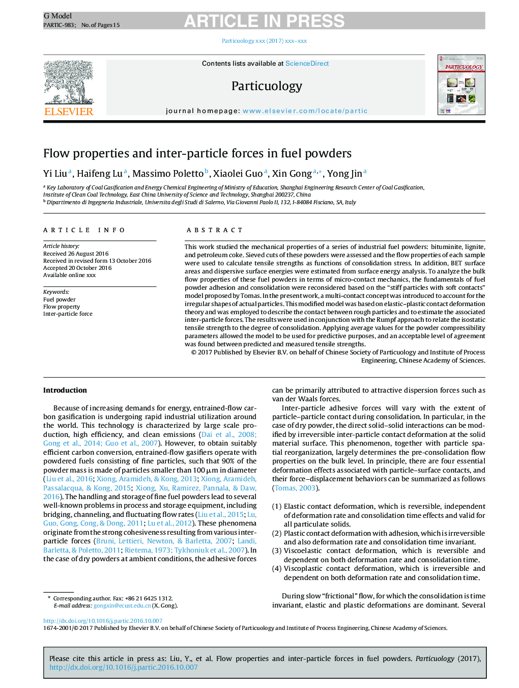 Flow properties and inter-particle forces in fuel powders