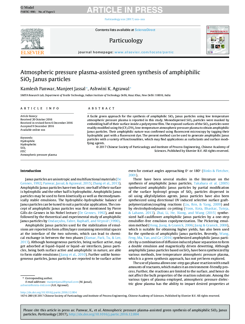 Atmospheric pressure plasma-assisted green synthesis of amphiphilic SiO2 Janus particles