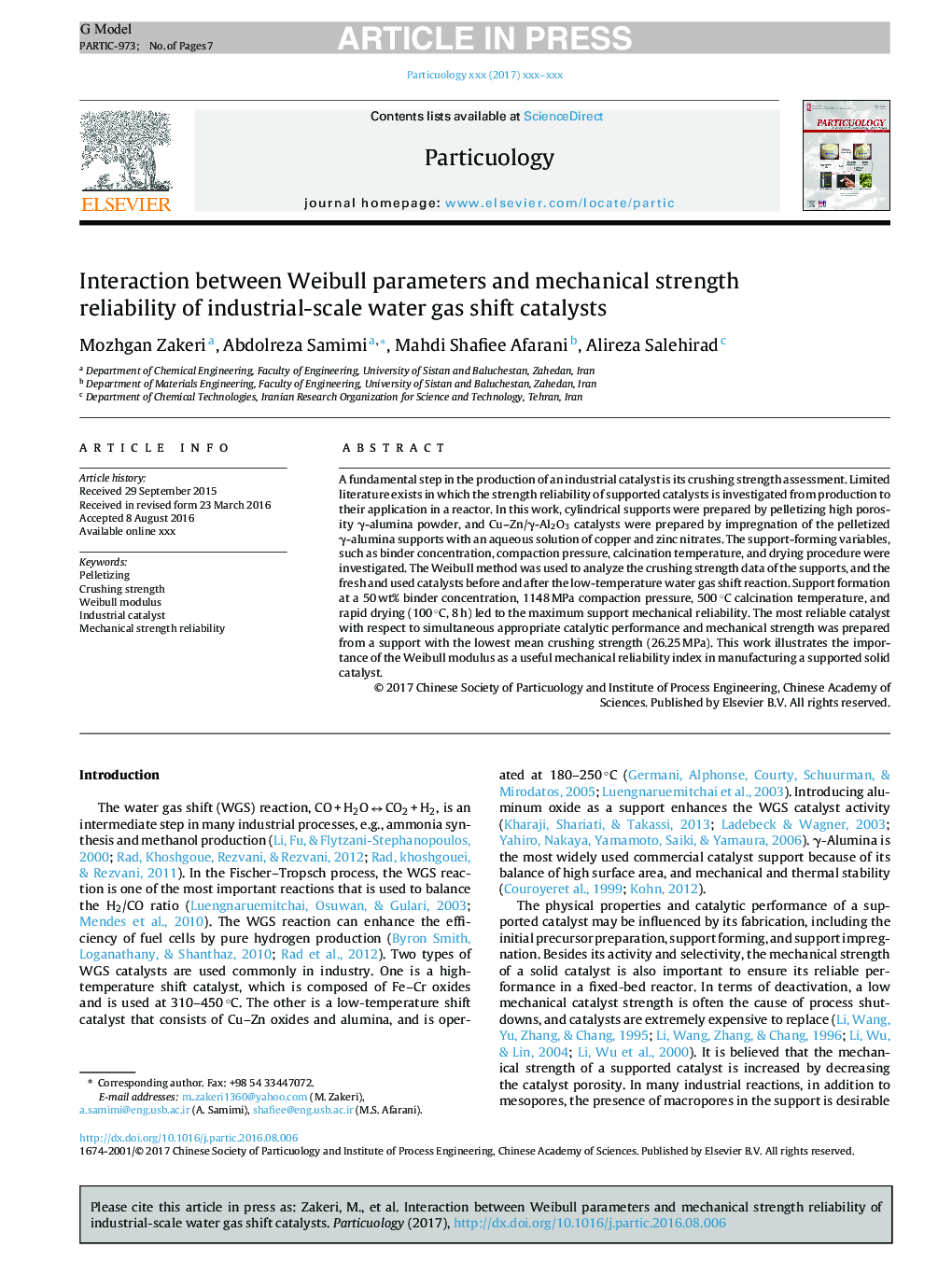 Interaction between Weibull parameters and mechanical strength reliability of industrial-scale water gas shift catalysts