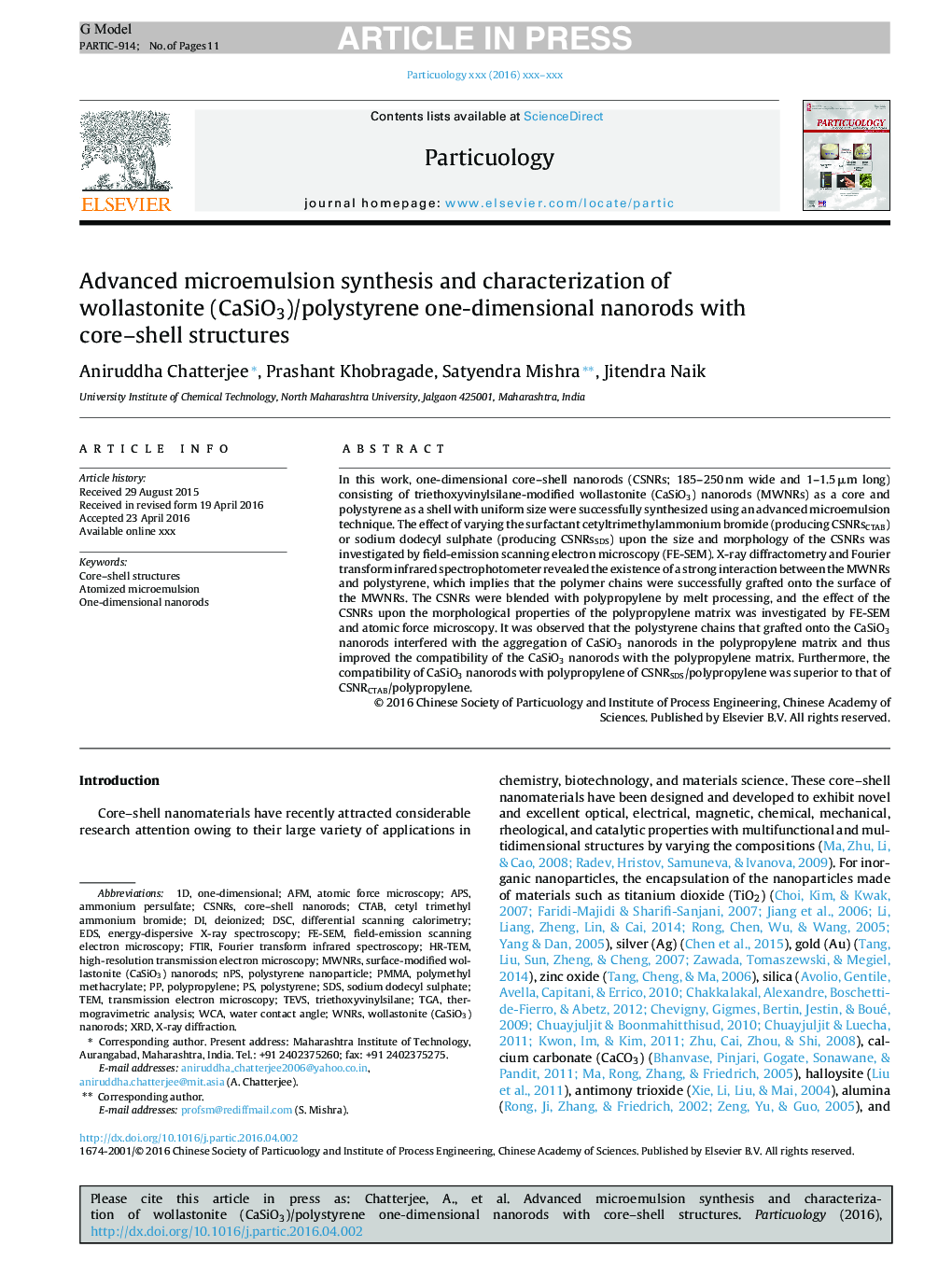 Advanced microemulsion synthesis and characterization of wollastonite (CaSiO3)/polystyrene one-dimensional nanorods with core-shell structures