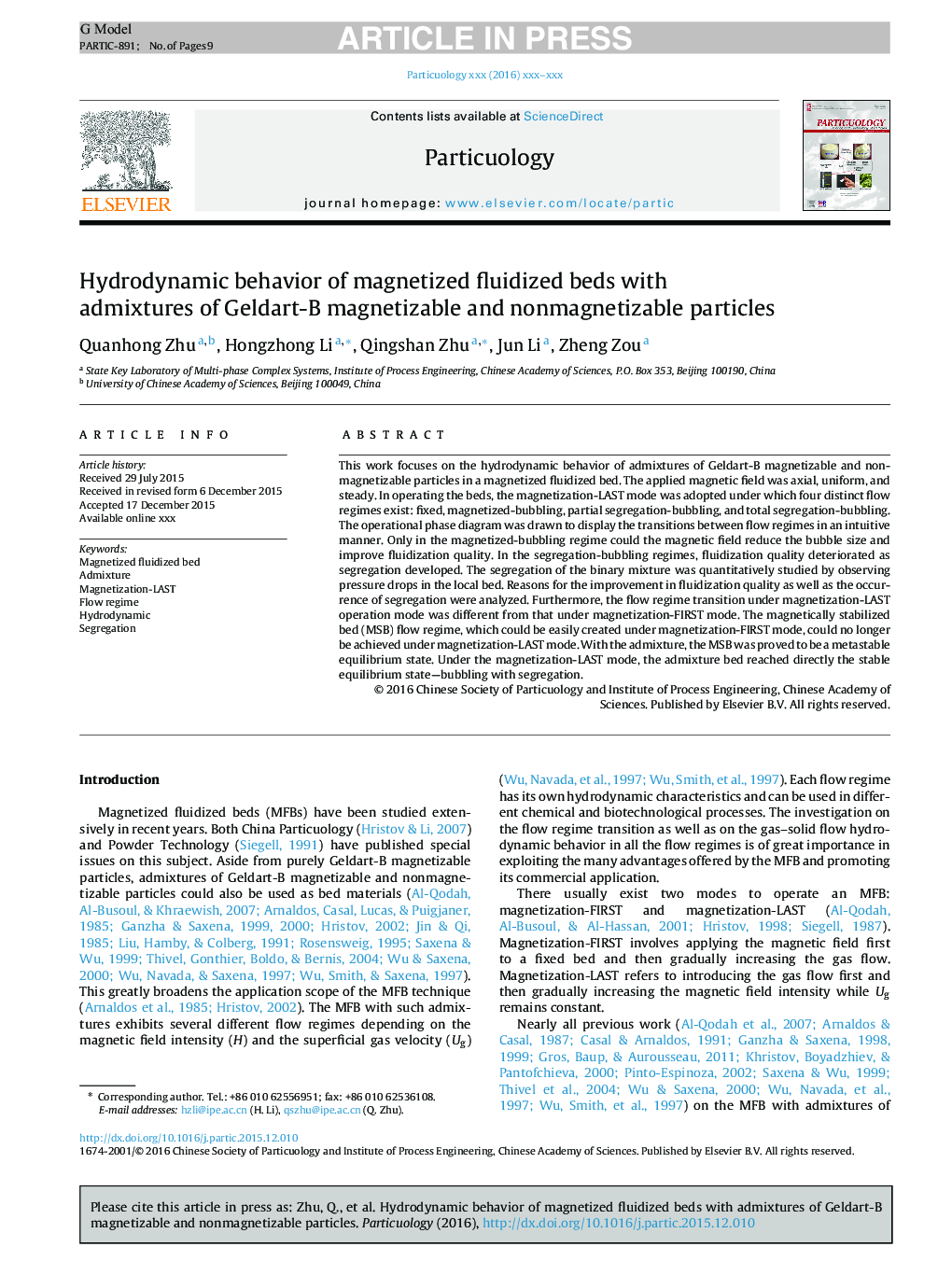 Hydrodynamic behavior of magnetized fluidized beds with admixtures of Geldart-B magnetizable and nonmagnetizable particles