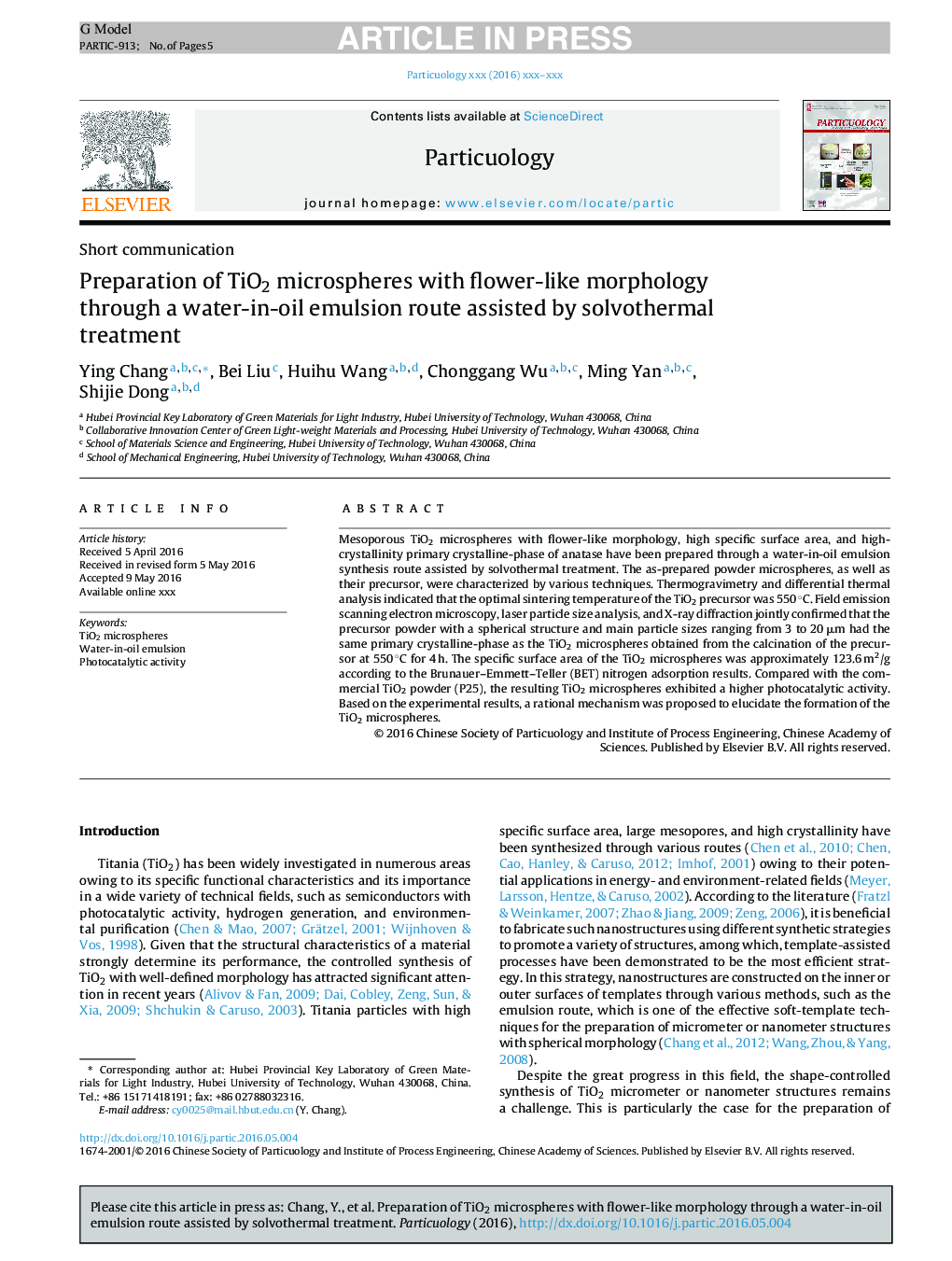 Preparation of TiO2 microspheres with flower-like morphology through a water-in-oil emulsion route assisted by solvothermal treatment