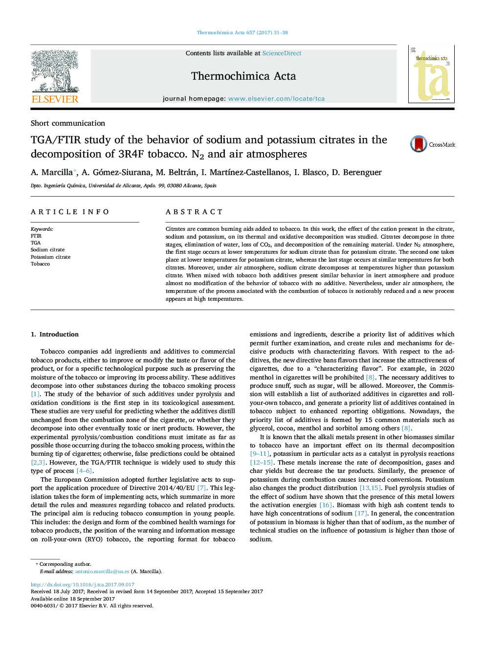 TGA/FTIR study of the behavior of sodium and potassium citrates in the decomposition of 3R4F tobacco. N2 and air atmospheres