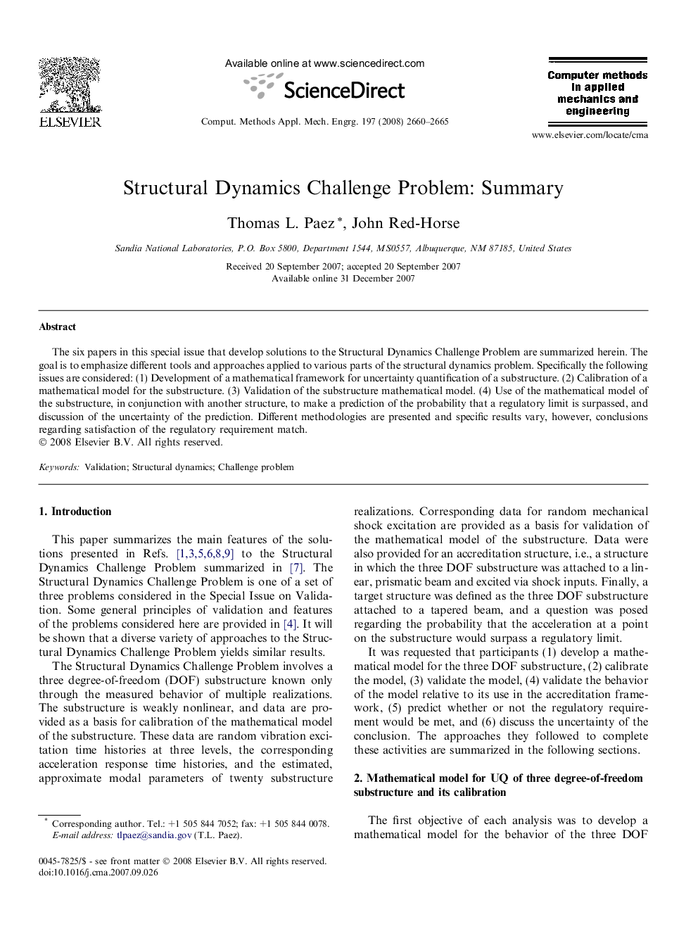 Structural Dynamics Challenge Problem: Summary