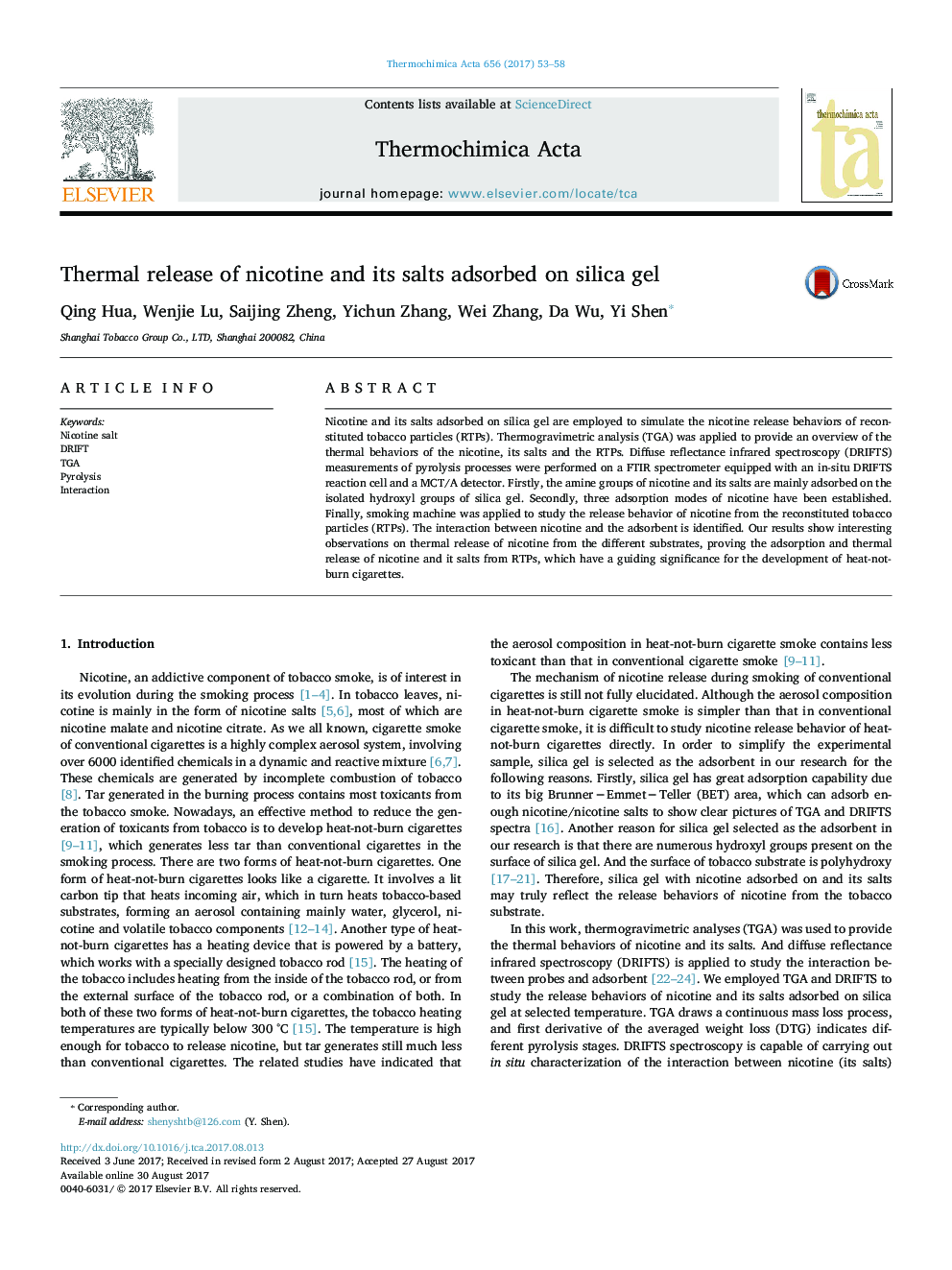 Thermal release of nicotine and its salts adsorbed on silica gel