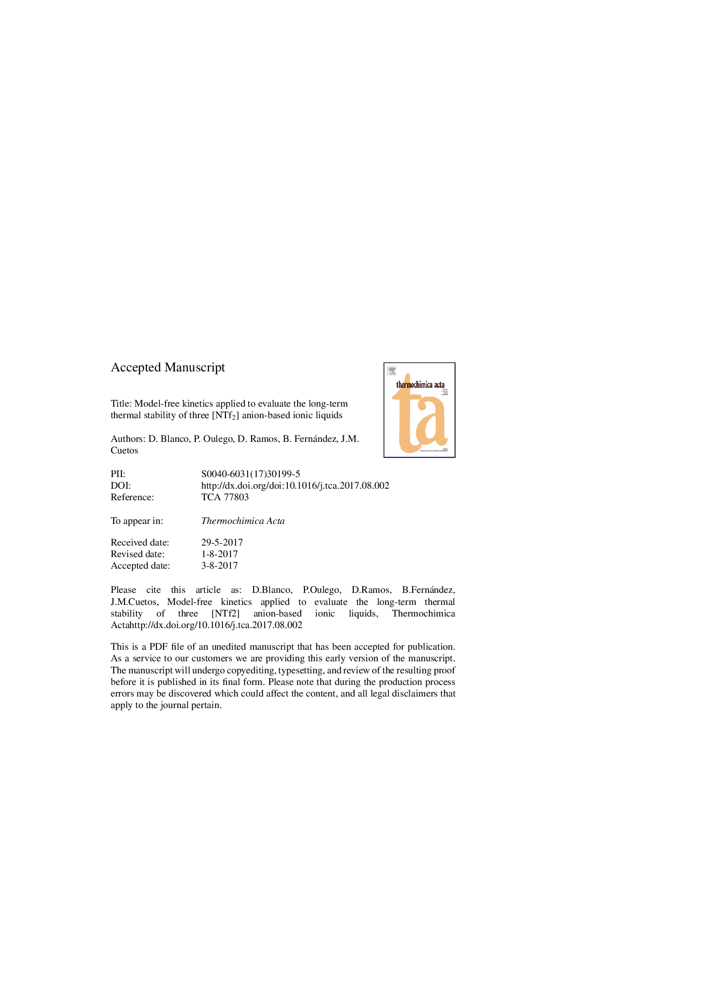 Model-free kinetics applied to evaluate the long-term thermal stability of three [NTf2] anion-based ionic liquids