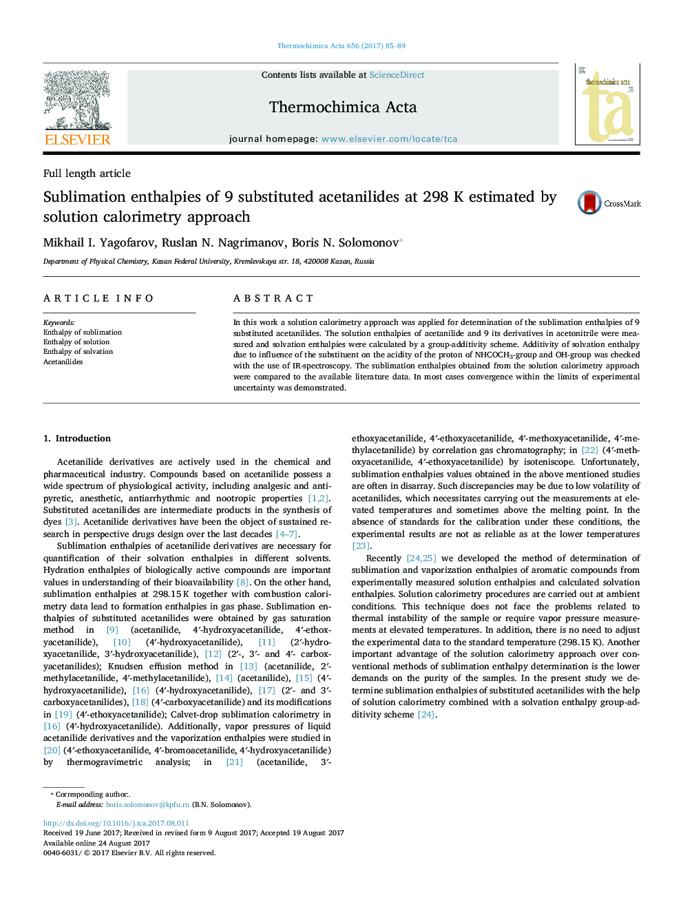Sublimation enthalpies of 9 substituted acetanilides at 298 K estimated by solution calorimetry approach