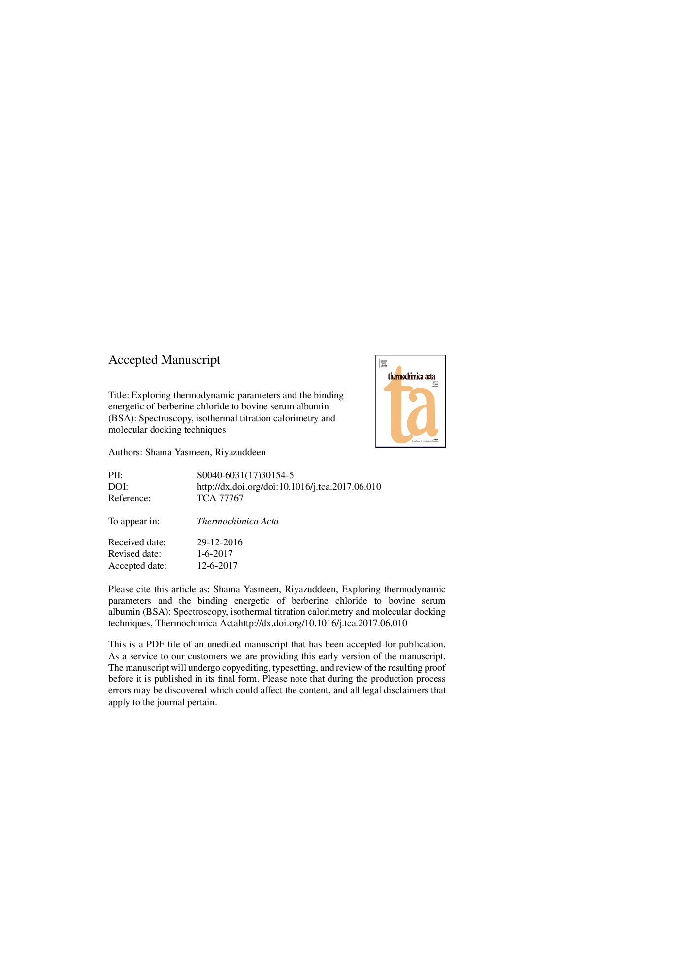 Exploring thermodynamic parameters and the binding energetic of berberine chloride to bovine serum albumin (BSA): Spectroscopy, isothermal titration calorimetry and molecular docking techniques