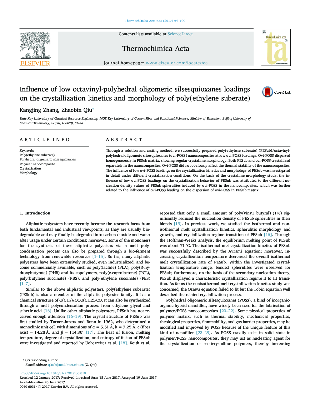 Influence of low octavinyl-polyhedral oligomeric silsesquioxanes loadings on the crystallization kinetics and morphology of poly(ethylene suberate)