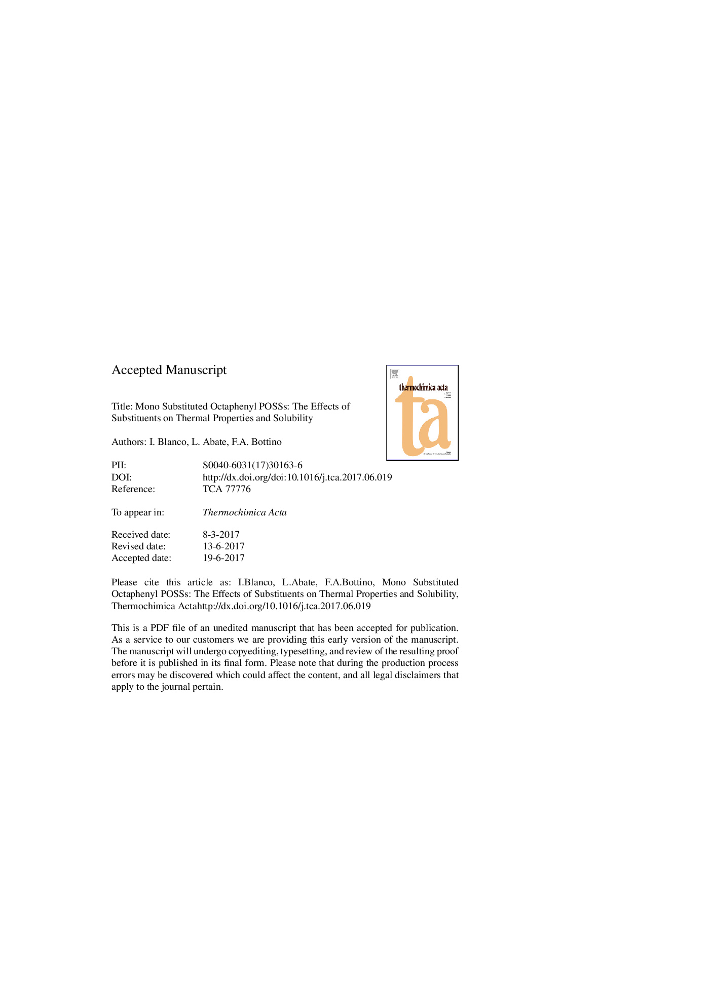عکس صفحه اول مقاله: Mono substituted octaphenyl POSSs: The effects of substituents on thermal properties and solubility Mono substituted octaphenyl POSSs: The effects of substituents on thermal properties and solubility
