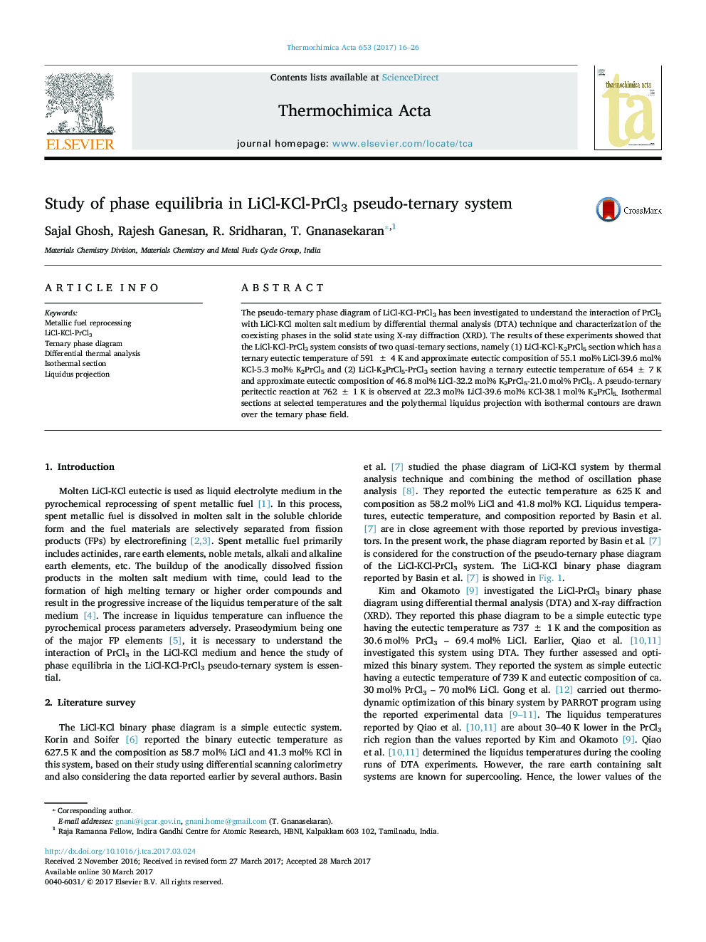 Study of phase equilibria in LiCl-KCl-PrCl3 pseudo-ternary system