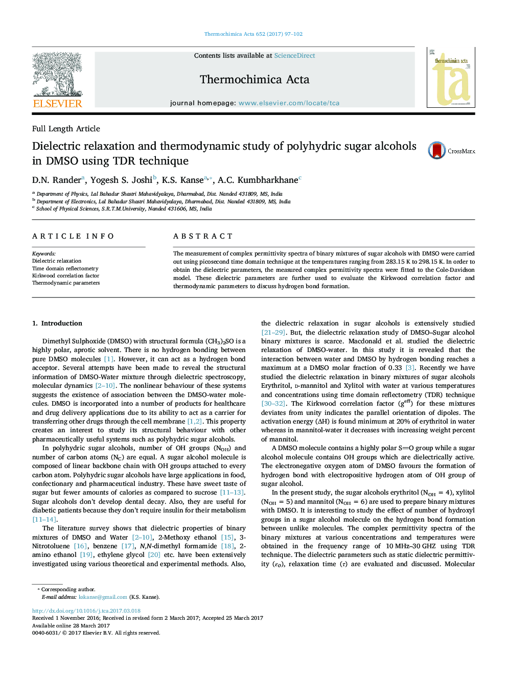 Dielectric relaxation and thermodynamic study of polyhydric sugar alcohols in DMSO using TDR technique