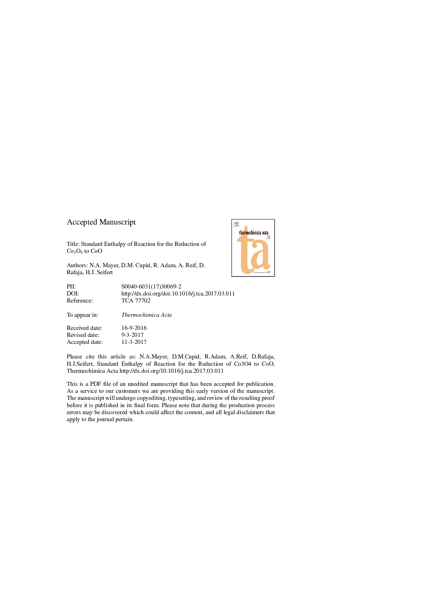 Standard enthalpy of reaction for the reduction of Co3O4 to CoO