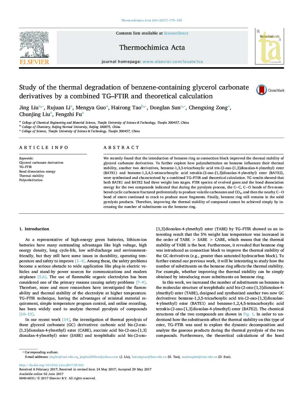 Study of the thermal degradation of benzene-containing glycerol carbonate derivatives by a combined TG-FTIR and theoretical calculation