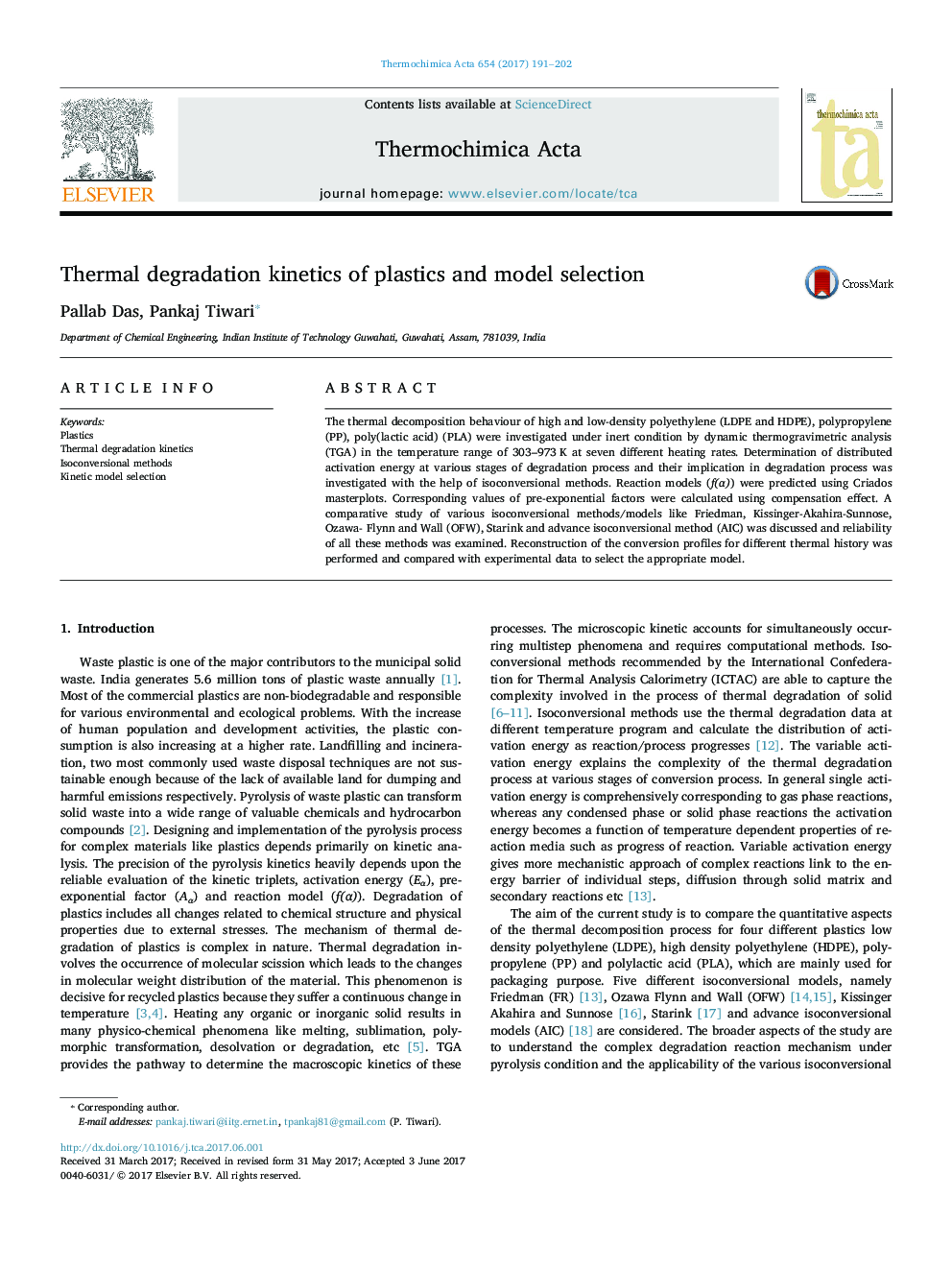 Thermal degradation kinetics of plastics and model selection