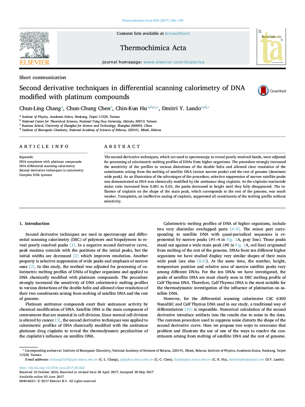 عکس صفحه اول مقاله: Second derivative techniques in differential scanning calorimetry of DNA modified with platinum compounds Second derivative techniques in differential scanning calorimetry of DNA modified with platinum compounds