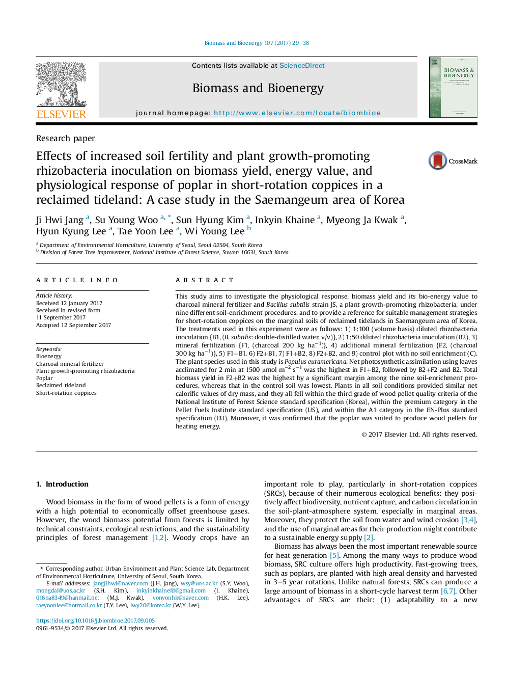 Effects of increased soil fertility and plant growth-promoting rhizobacteria inoculation on biomass yield, energy value, and physiological response of poplar in short-rotation coppices in a reclaimed tideland: A case study in the Saemangeum area of Korea