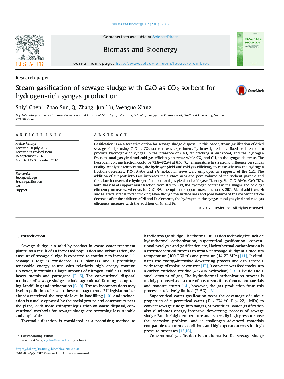 Research paperSteam gasification of sewage sludge with CaO as CO2 sorbent for hydrogen-rich syngas production