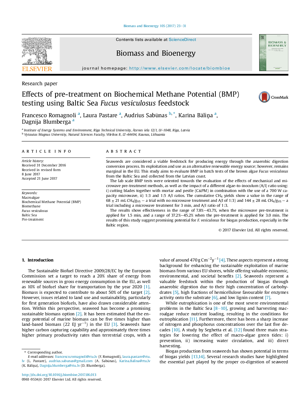 Effects of pre-treatment on Biochemical Methane Potential (BMP) testing using Baltic Sea Fucus vesiculosus feedstock