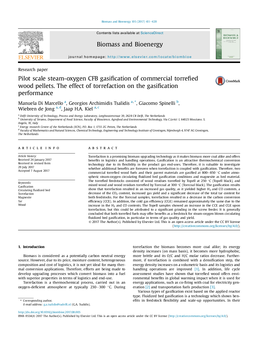 Pilot scale steam-oxygen CFB gasification of commercial torrefied wood pellets. The effect of torrefaction on the gasification performance