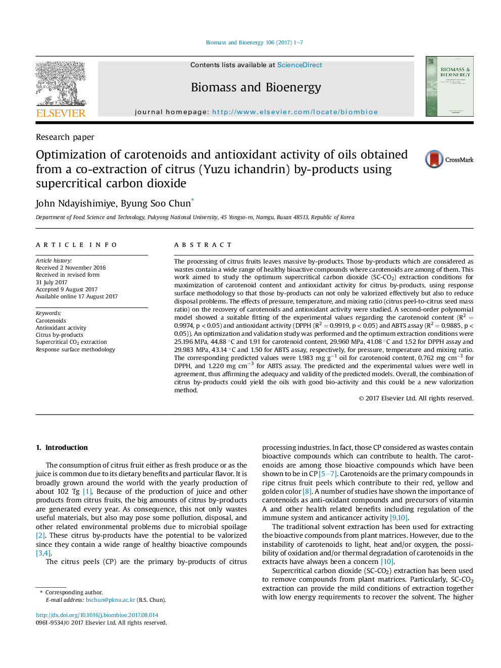 Research paperOptimization of carotenoids and antioxidant activity of oils obtained from a co-extraction of citrus (Yuzu ichandrin) by-products using supercritical carbon dioxide