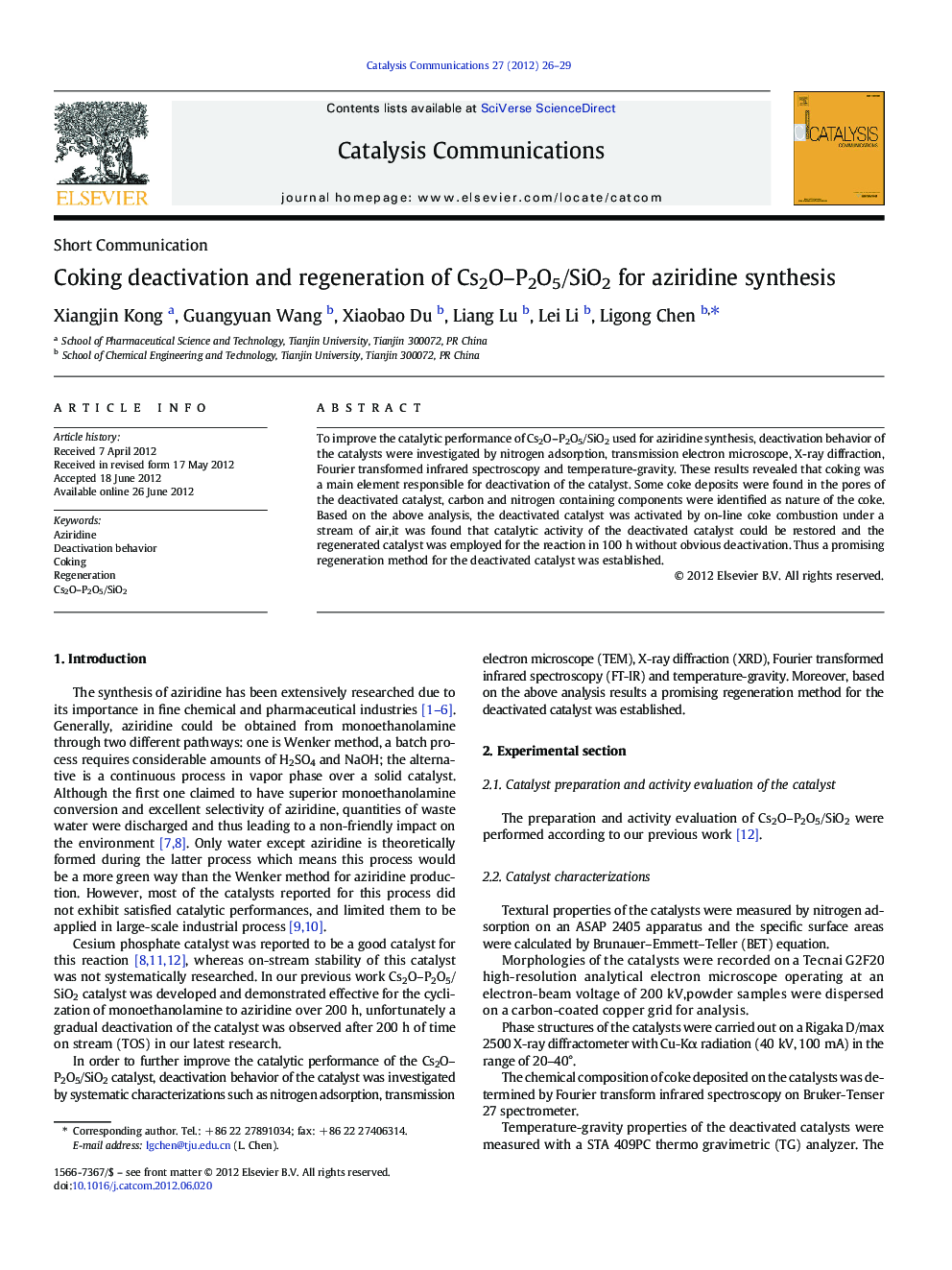 Coking deactivation and regeneration of Cs2O–P2O5/SiO2 for aziridine synthesis