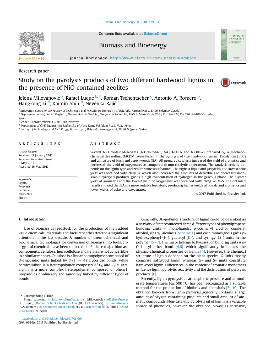 Study on the pyrolysis products of two different hardwood lignins in the presence of NiO contained-zeolites