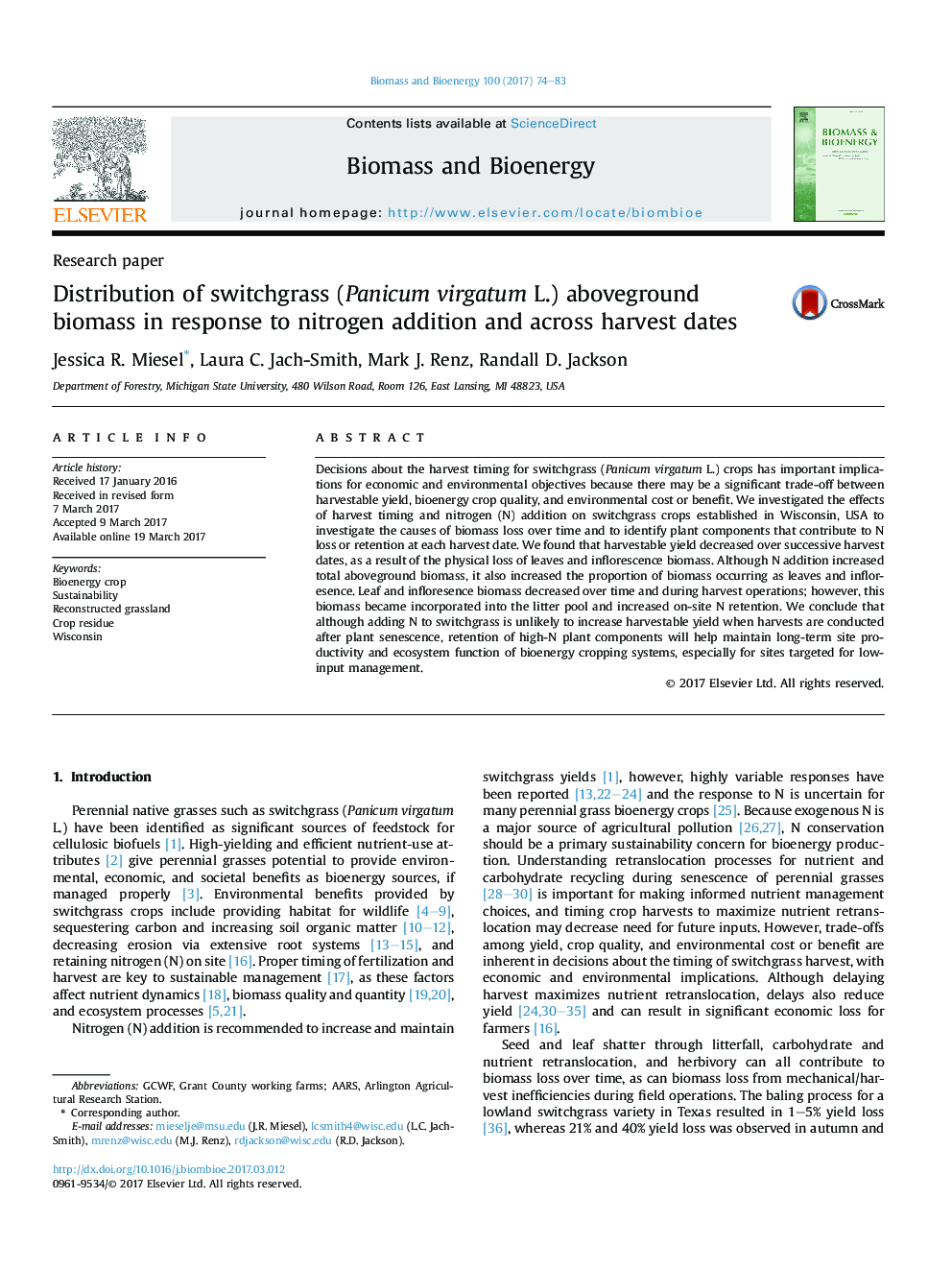 عکس صفحه اول مقاله: Distribution of switchgrass (Panicum virgatum L.) aboveground biomass in response to nitrogen addition and across harvest dates Distribution of switchgrass (Panicum virgatum L.) aboveground biomass in response to nitrogen addition and across harvest dates