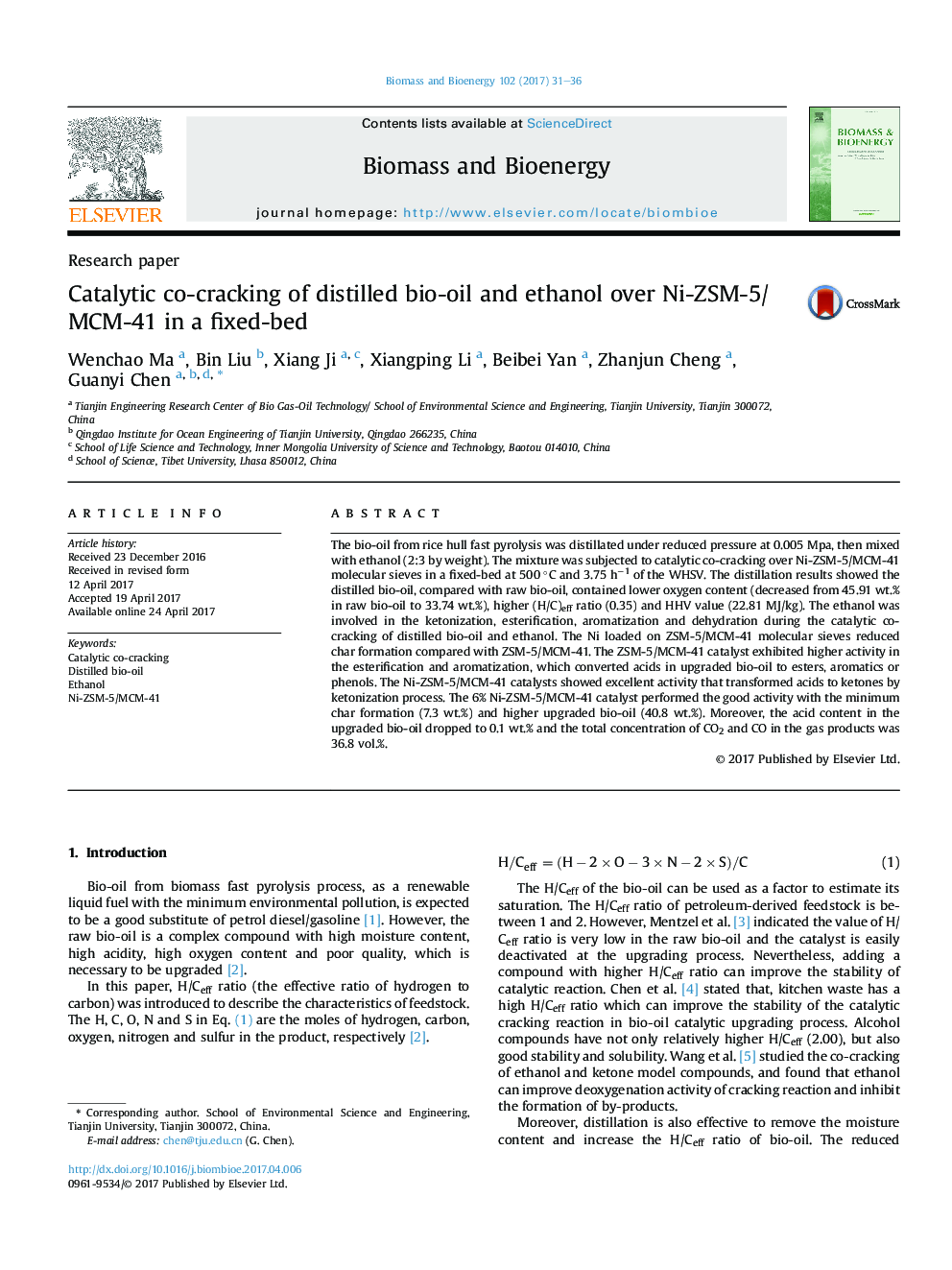 Research paperCatalytic co-cracking of distilled bio-oil and ethanol over Ni-ZSM-5/MCM-41 in a fixed-bed