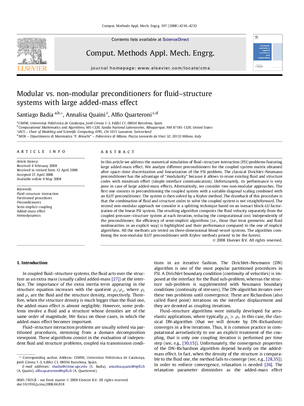 عکس صفحه اول مقاله: Modular vs. non-modular preconditioners for fluid–structure systems with large added-mass effect Modular vs. non-modular preconditioners for fluid–structure systems with large added-mass effect