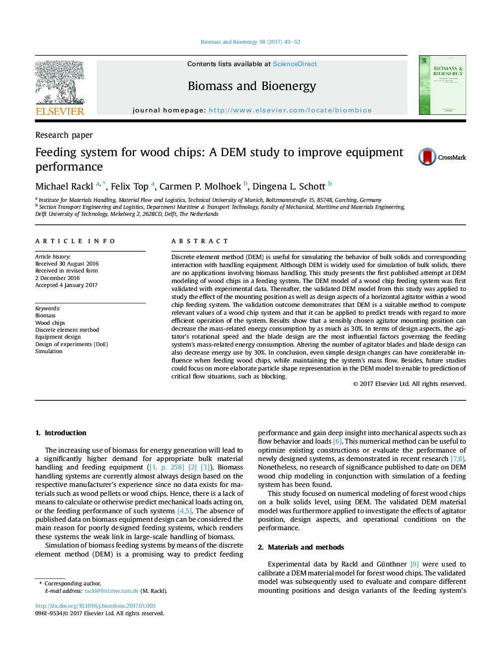 Feeding system for wood chips: A DEM study to improve equipment performance