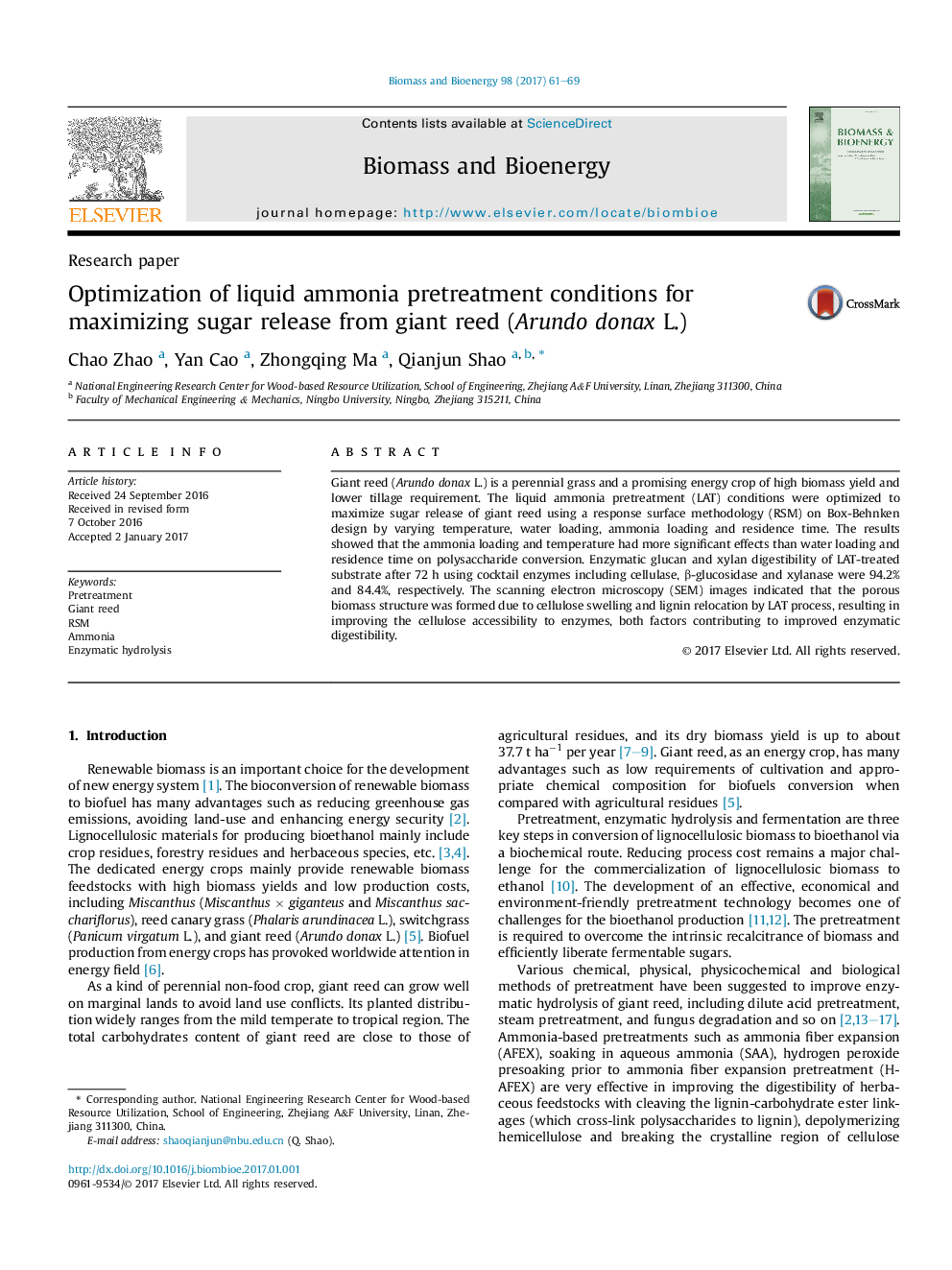 Optimization of liquid ammonia pretreatment conditions for maximizing sugar release from giant reed (Arundo donax L.)