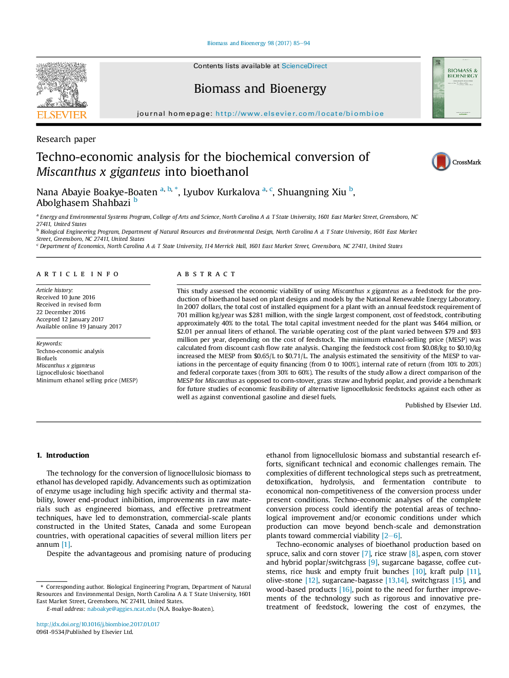 Techno-economic analysis for the biochemical conversion of Miscanthus x giganteus into bioethanol