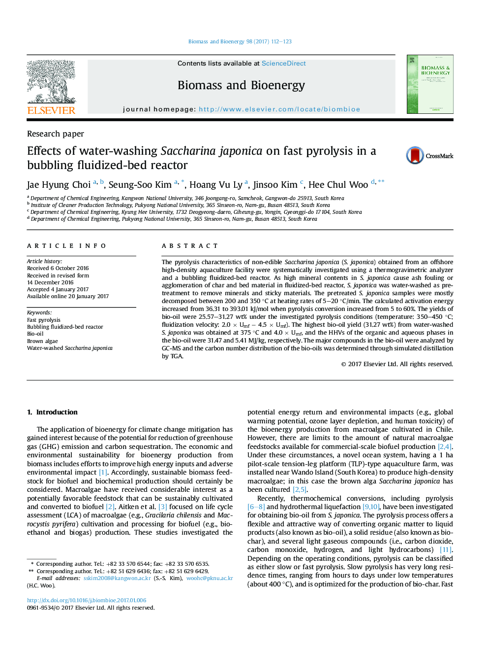 Research paperEffects of water-washing Saccharina japonica on fast pyrolysis in a bubbling fluidized-bed reactor